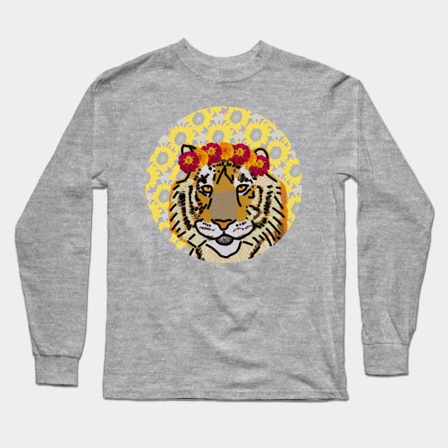 Marigold Floral Tiger Portrait Long Sleeve T-Shirt by ellenhenryart